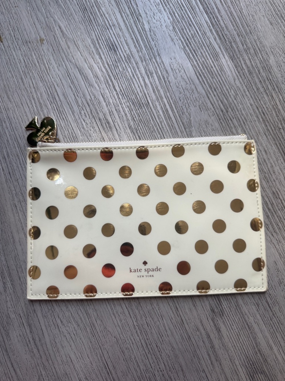 kate spade White Pouch with Gold Polka Dots and Heart Charm